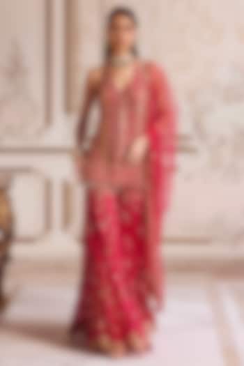 Magenta Pure Silk Organza Floral Embroidered Bridal Sharara Set by Sanya Gulati at Pernia's Pop Up Shop