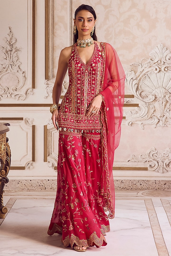 Magenta Pure Silk Organza Floral Embroidered Bridal Sharara Set by Sanya Gulati at Pernia's Pop Up Shop