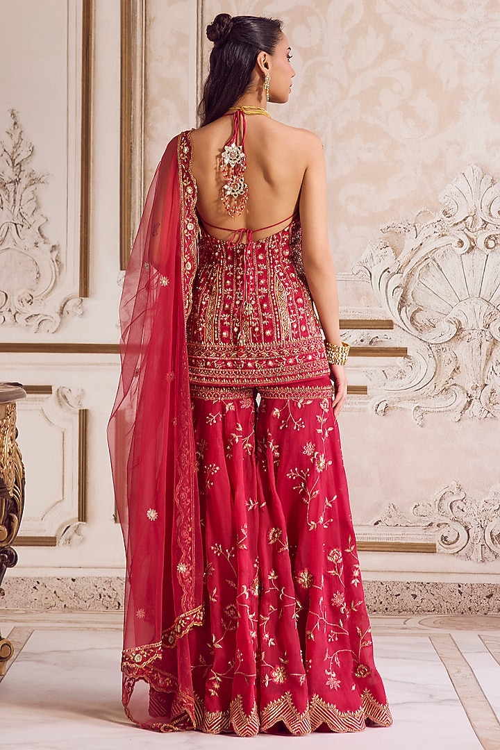 Magenta Pure Silk Organza Floral Embroidered Bridal Sharara Set by Sanya Gulati at Pernia's Pop Up Shop