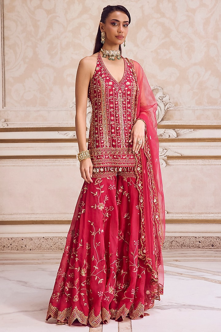 Magenta Pure Silk Organza Floral Embroidered Bridal Sharara Set by Sanya Gulati at Pernia's Pop Up Shop