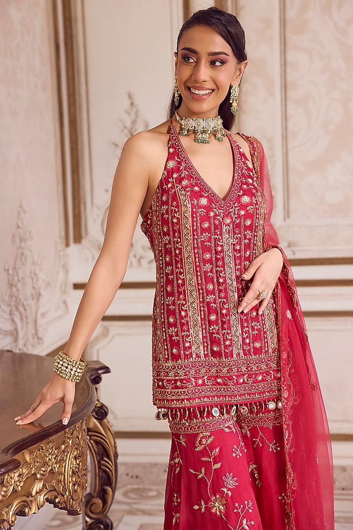 Magenta Pure Silk Organza Floral Embroidered Bridal Sharara Set by Sanya Gulati at Pernia's Pop Up Shop