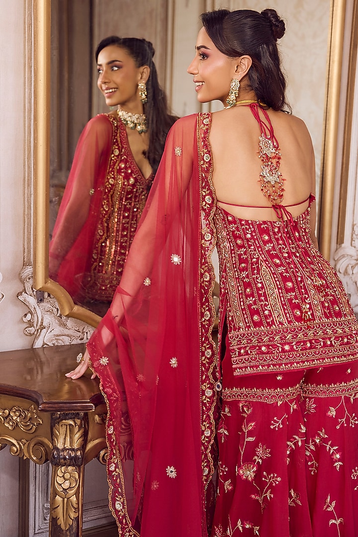 Magenta Pure Silk Organza Floral Embroidered Bridal Sharara Set by Sanya Gulati at Pernia's Pop Up Shop