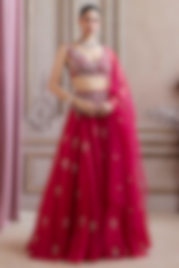 Magenta Pure Silk Organza Floral Boota Wedding Lehenga Set by Sanya Gulati at Pernia's Pop Up Shop