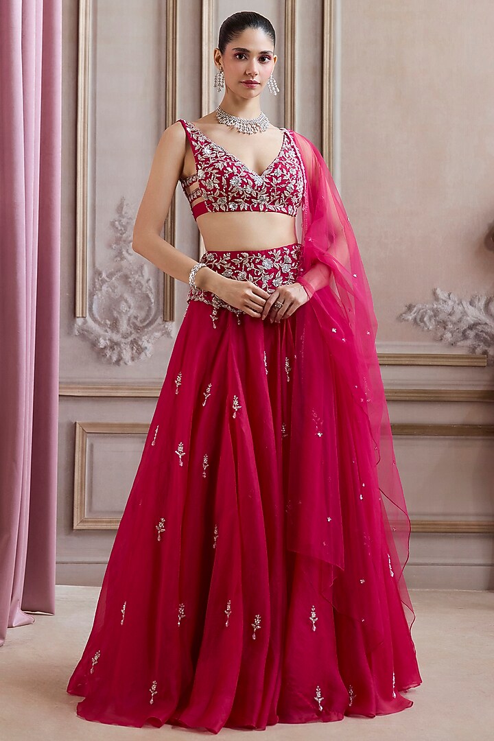Magenta Pure Silk Organza Floral Boota Wedding Lehenga Set by Sanya Gulati at Pernia's Pop Up Shop
