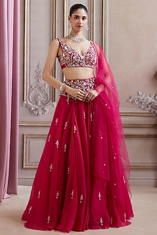 Magenta Pure Silk Organza Floral Boota Lehenga Set by Sanya Gulati