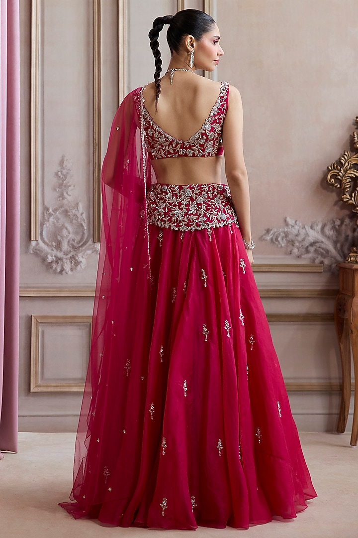 Magenta Pure Silk Organza Floral Boota Wedding Lehenga Set by Sanya Gulati at Pernia's Pop Up Shop
