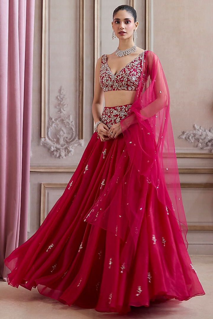 Magenta Pure Silk Organza Floral Boota Wedding Lehenga Set by Sanya Gulati at Pernia's Pop Up Shop