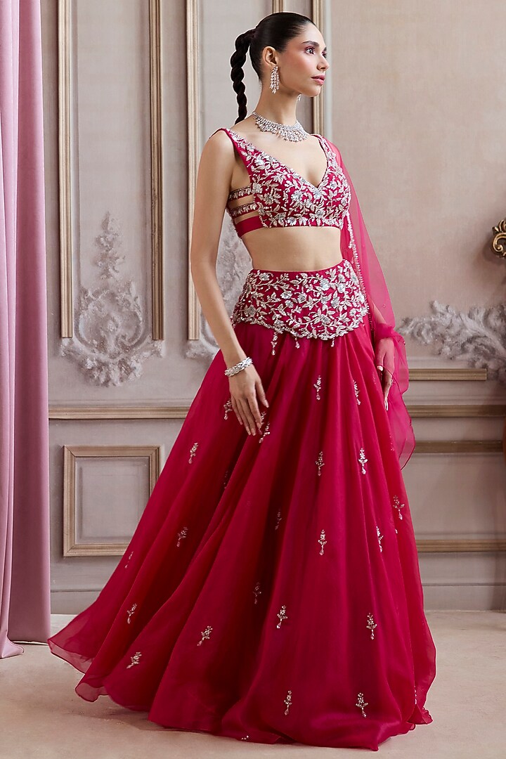 Magenta Pure Silk Organza Floral Boota Wedding Lehenga Set by Sanya Gulati at Pernia's Pop Up Shop