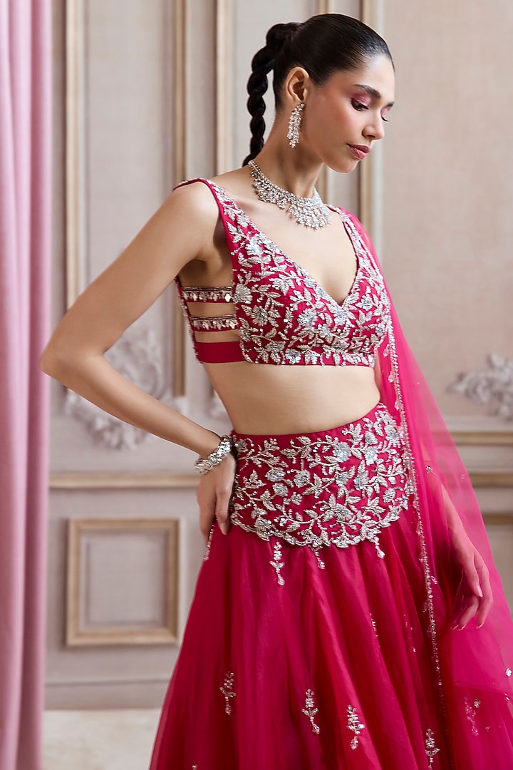Magenta Pure Silk Organza Floral Boota Wedding Lehenga Set by Sanya Gulati at Pernia's Pop Up Shop