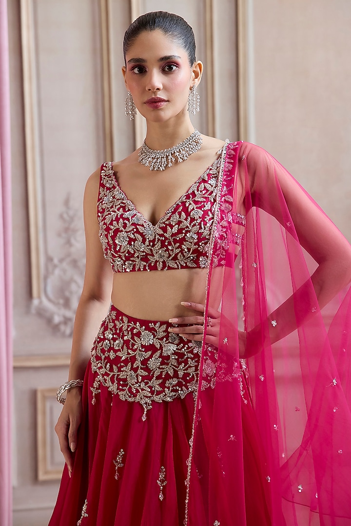 Magenta Pure Silk Organza Floral Boota Wedding Lehenga Set by Sanya Gulati at Pernia's Pop Up Shop