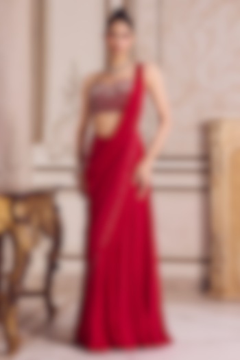 Magenta Chiffon Pre-Draped Wedding Saree Set by Sanya Gulati at Pernia's Pop Up Shop