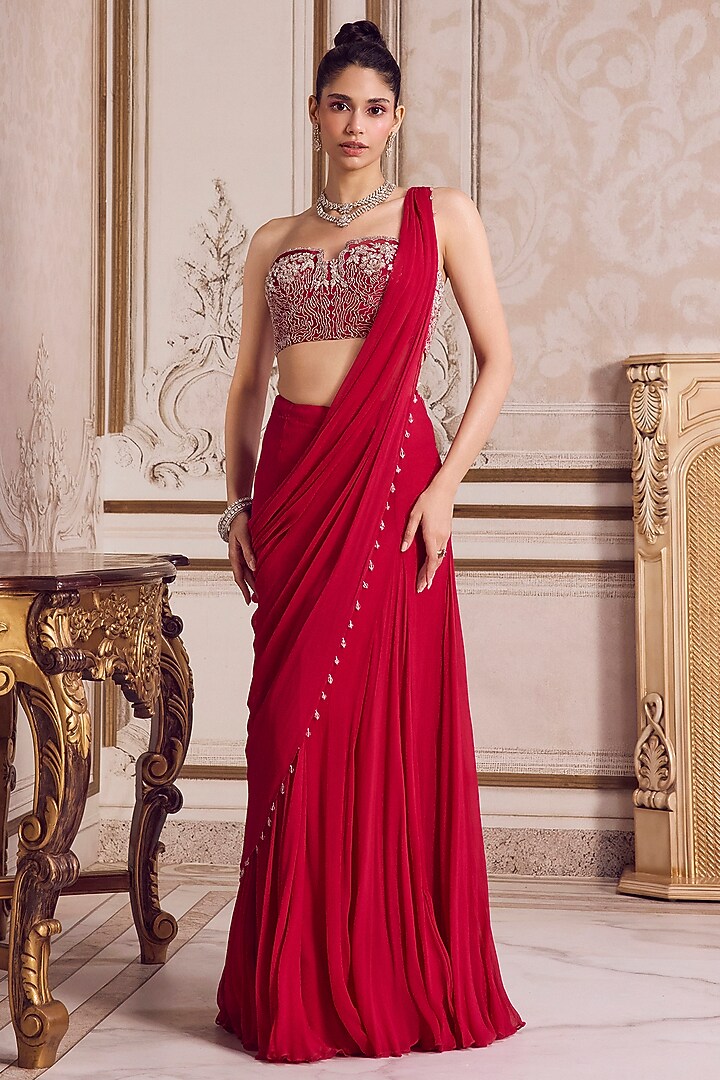 Magenta Chiffon Pre-Draped Wedding Saree Set by Sanya Gulati at Pernia's Pop Up Shop
