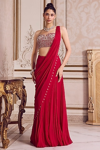 Magenta Chiffon Pre-Draped Saree Set by Sanya Gulati