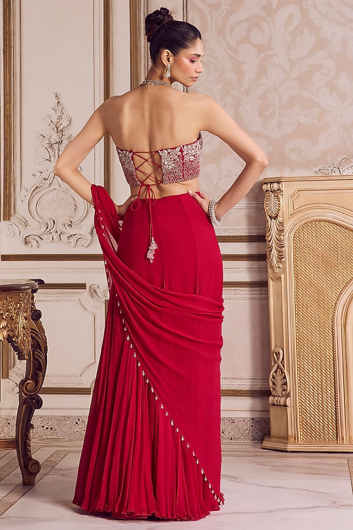 Magenta Chiffon Pre-Draped Wedding Saree Set by Sanya Gulati at Pernia's Pop Up Shop