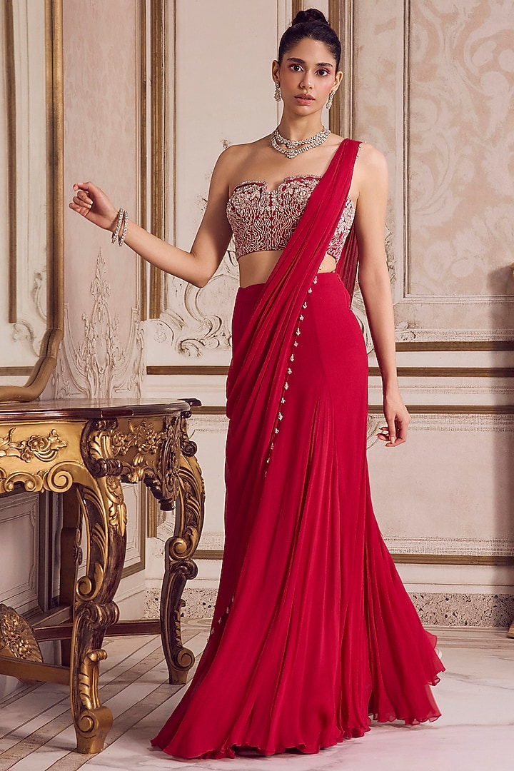 Magenta Chiffon Pre-Draped Wedding Saree Set by Sanya Gulati at Pernia's Pop Up Shop