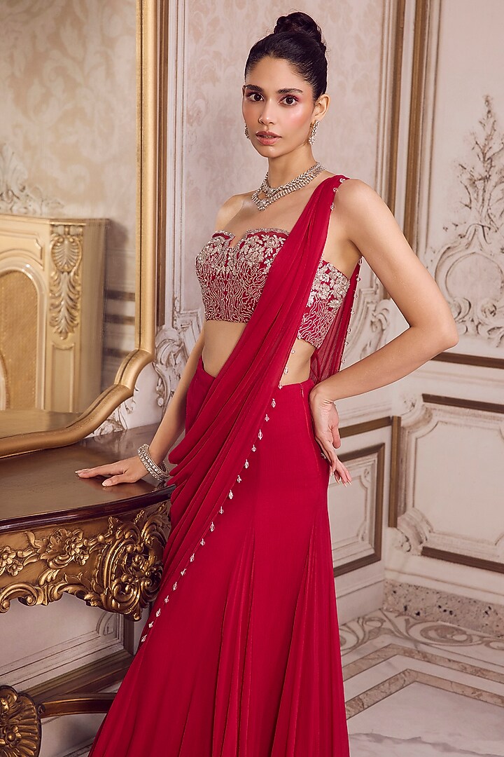 Magenta Chiffon Pre-Draped Wedding Saree Set by Sanya Gulati at Pernia's Pop Up Shop