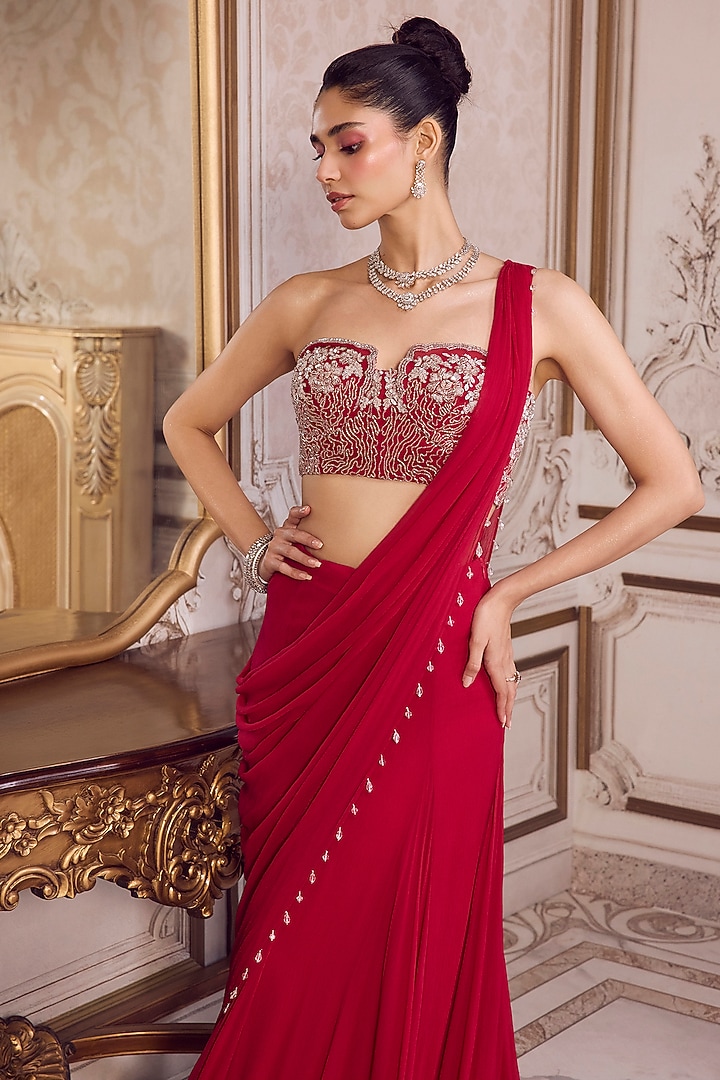 Magenta Chiffon Pre-Draped Wedding Saree Set by Sanya Gulati at Pernia's Pop Up Shop