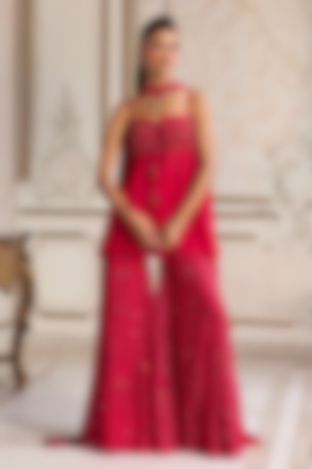 Magenta Georgette & Net Sequins Embroidered Wedding Sharara Set by Sanya Gulati at Pernia's Pop Up Shop