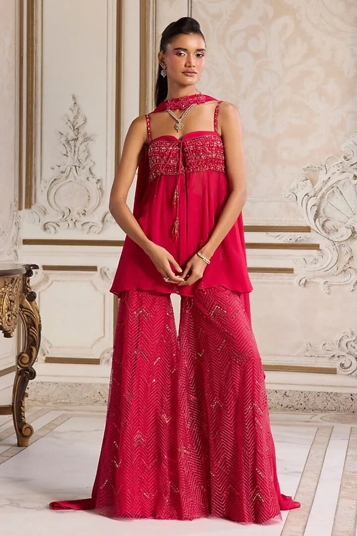 Magenta Georgette & Net Sequins Embroidered Wedding Sharara Set by Sanya Gulati at Pernia's Pop Up Shop