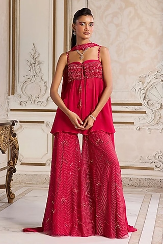 Magenta Georgette & Net Sequins Embroidered Sharara Set by Sanya Gulati