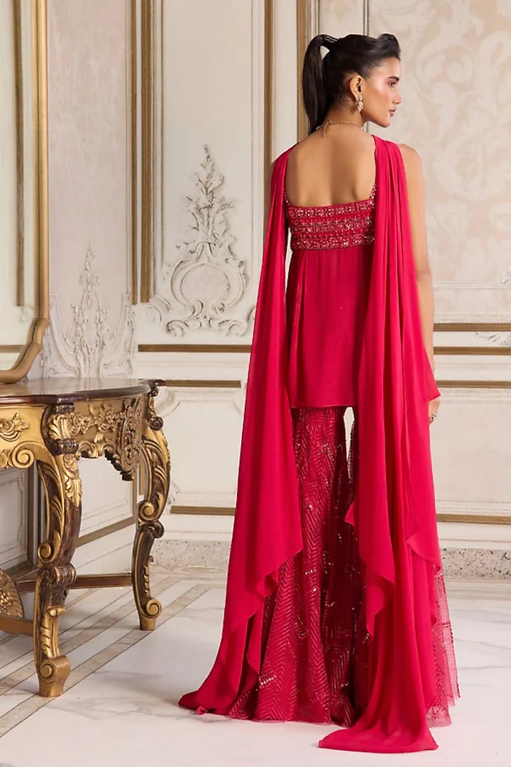 Magenta Georgette & Net Sequins Embroidered Wedding Sharara Set by Sanya Gulati at Pernia's Pop Up Shop