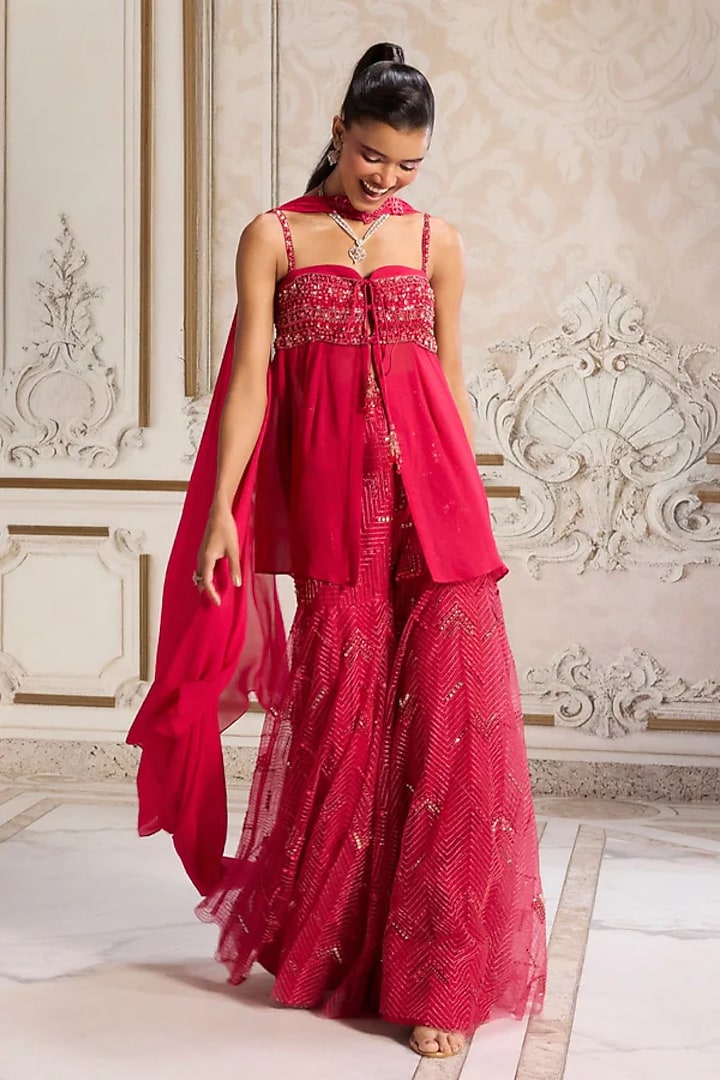 Magenta Georgette & Net Sequins Embroidered Wedding Sharara Set by Sanya Gulati at Pernia's Pop Up Shop