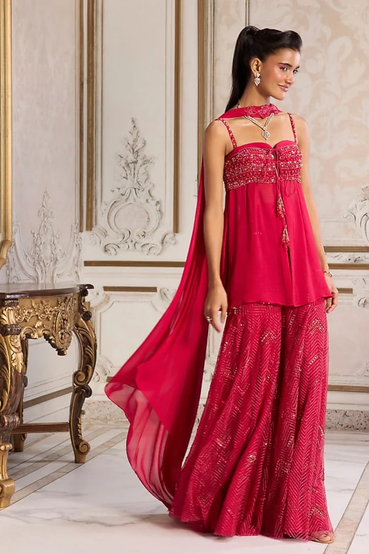 Magenta Georgette & Net Sequins Embroidered Wedding Sharara Set by Sanya Gulati at Pernia's Pop Up Shop