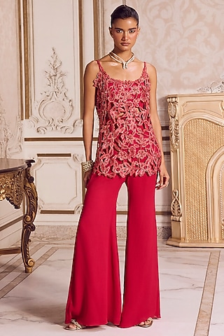 Magenta Georgette Cutwork Floral Embroidered Kurta Set by Sanya Gulati