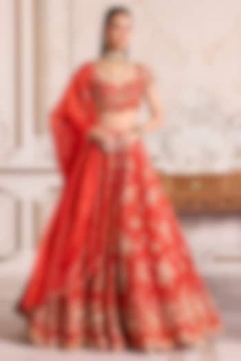 Rust Pure Silk Organza Sequins Embroidered Bridal Lehenga Set by Sanya Gulati at Pernia's Pop Up Shop