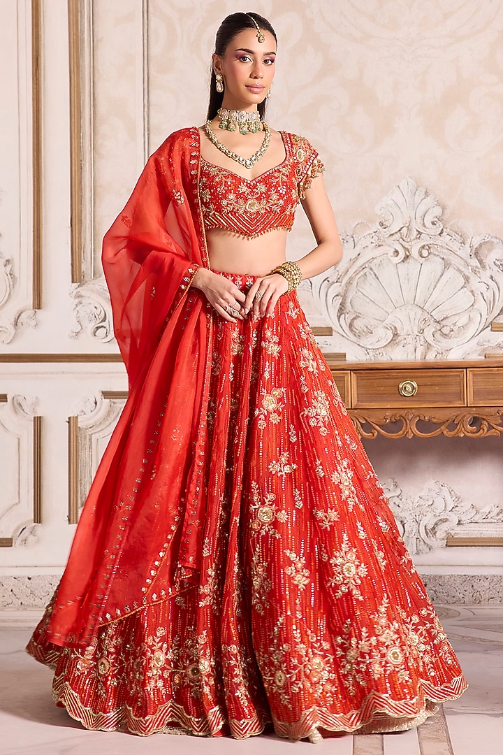 Rust Pure Silk Organza Sequins Embroidered Bridal Lehenga Set by Sanya Gulati at Pernia's Pop Up Shop
