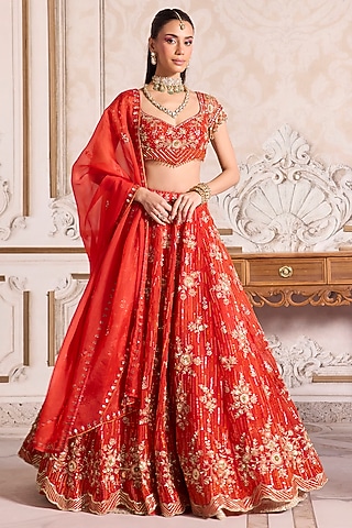 Rust Pure Silk Organza Sequins Embroidered Lehenga Set by Sanya Gulati