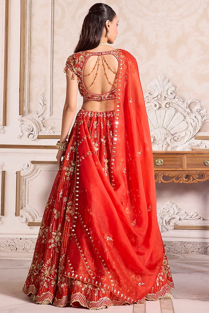 Rust Pure Silk Organza Sequins Embroidered Bridal Lehenga Set by Sanya Gulati at Pernia's Pop Up Shop