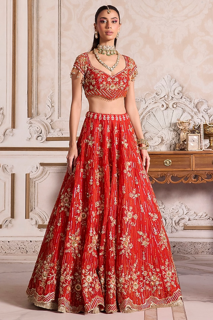 Rust Pure Silk Organza Sequins Embroidered Bridal Lehenga Set by Sanya Gulati at Pernia's Pop Up Shop