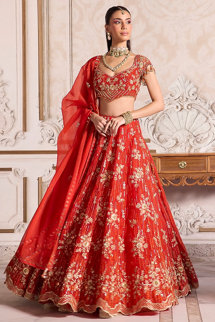 Rust Pure Silk Organza Sequins Embroidered Bridal Lehenga Set by Sanya Gulati at Pernia's Pop Up Shop
