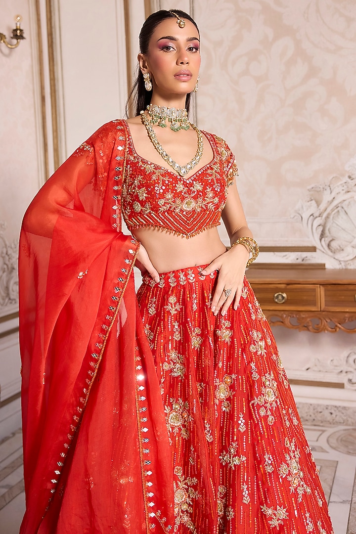 Rust Pure Silk Organza Sequins Embroidered Bridal Lehenga Set by Sanya Gulati at Pernia's Pop Up Shop