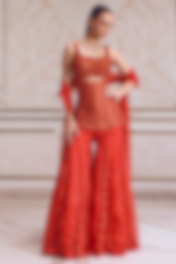 Rust Crushed Tissue Bridal Sharara Set by Sanya Gulati at Pernia's Pop Up Shop