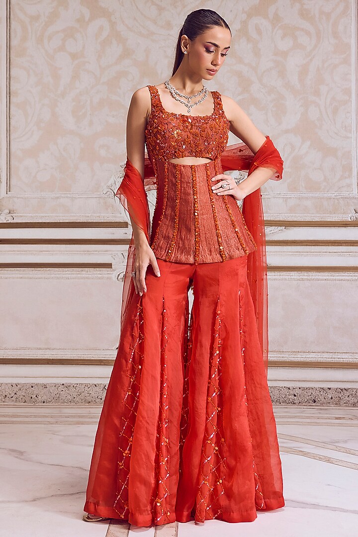 Rust Crushed Tissue Bridal Sharara Set by Sanya Gulati at Pernia's Pop Up Shop