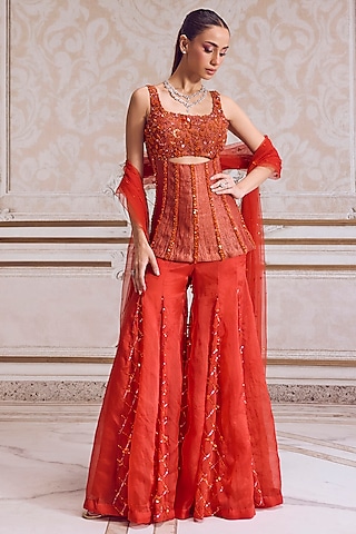Rust Crushed Tissue Sharara Set by Sanya Gulati