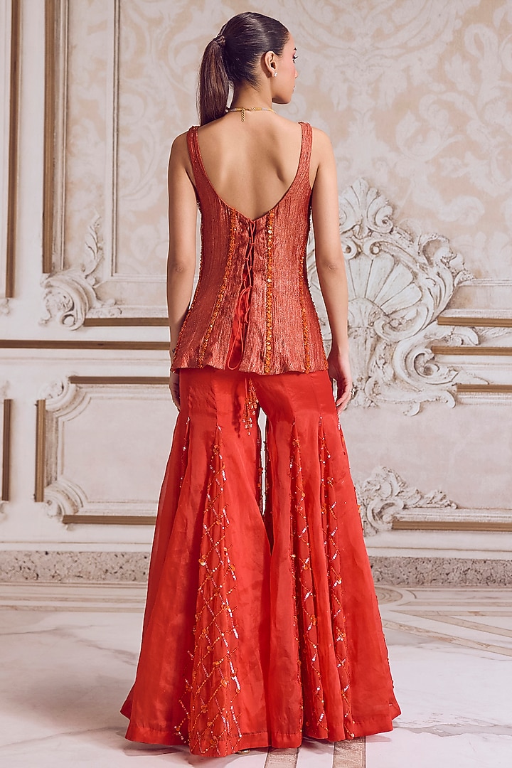 Rust Crushed Tissue Bridal Sharara Set by Sanya Gulati at Pernia's Pop Up Shop