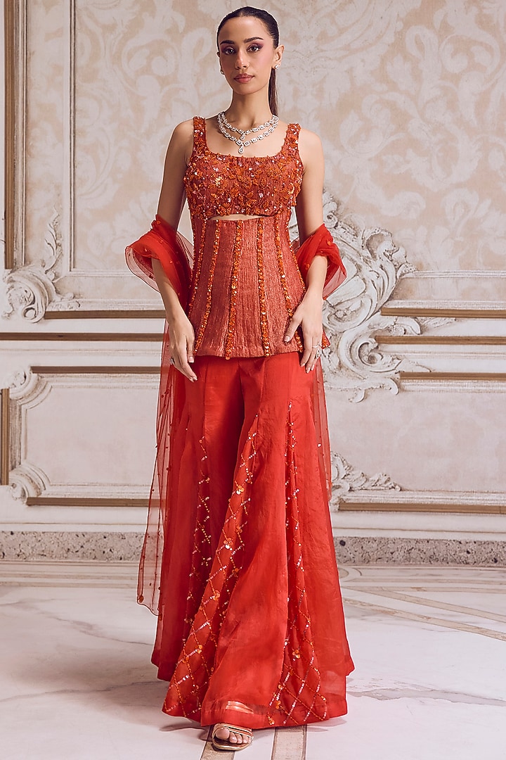 Rust Crushed Tissue Bridal Sharara Set by Sanya Gulati at Pernia's Pop Up Shop