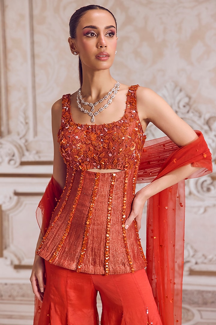 Rust Crushed Tissue Bridal Sharara Set by Sanya Gulati at Pernia's Pop Up Shop
