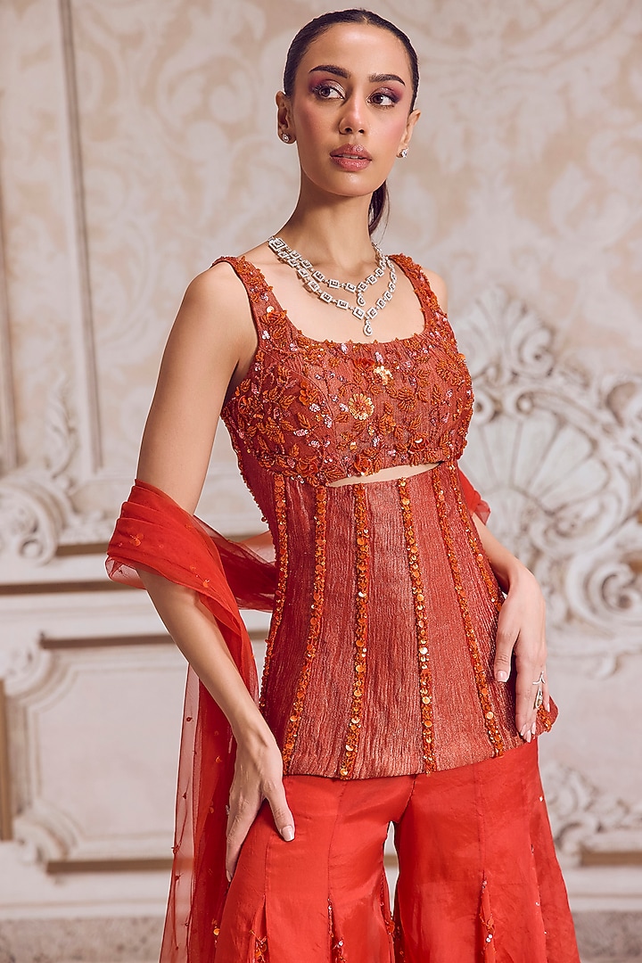 Rust Crushed Tissue Bridal Sharara Set by Sanya Gulati at Pernia's Pop Up Shop