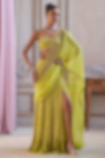 Neon Green Georgette Cutdana Embroidered Pre-Draped Reception Saree Set by Sanya Gulati at Pernia's Pop Up Shop