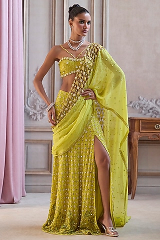 Neon Green Georgette Cutdana Embroidered Pre-Draped Saree Set by Sanya Gulati