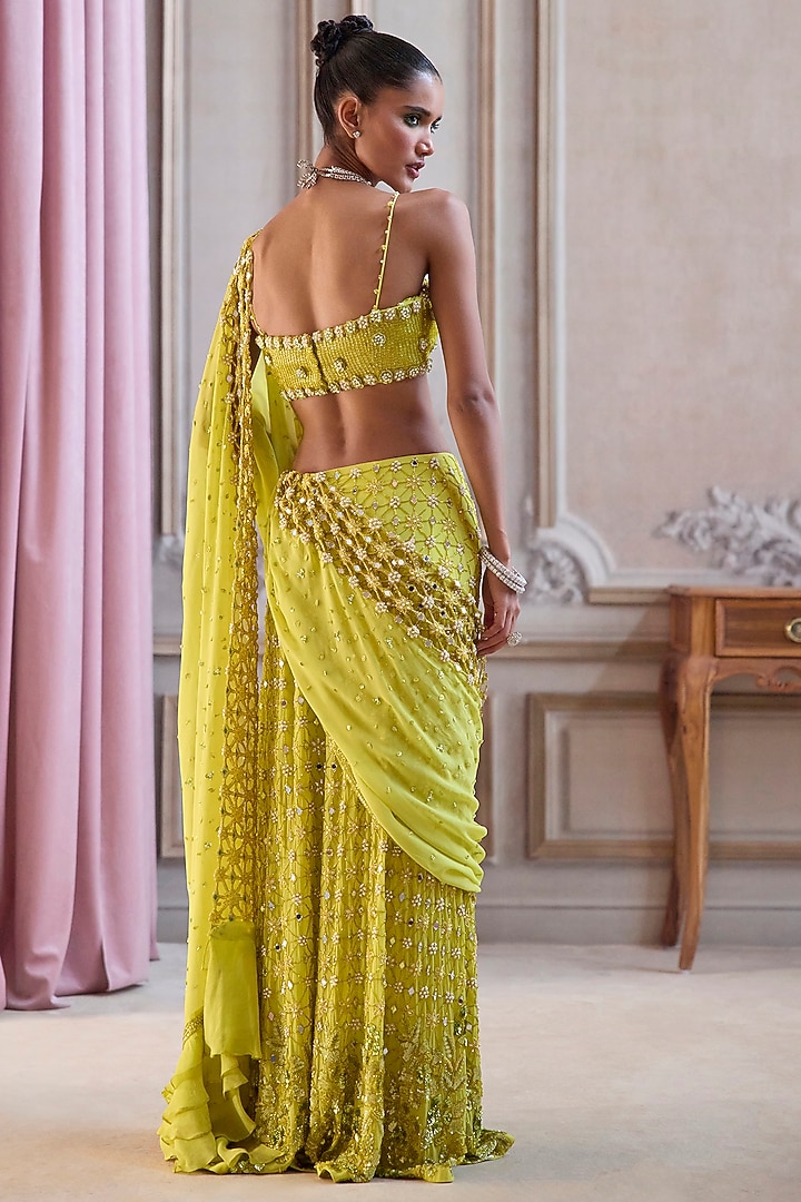 Neon Green Georgette Cutdana Embroidered Pre-Draped Reception Saree Set by Sanya Gulati at Pernia's Pop Up Shop