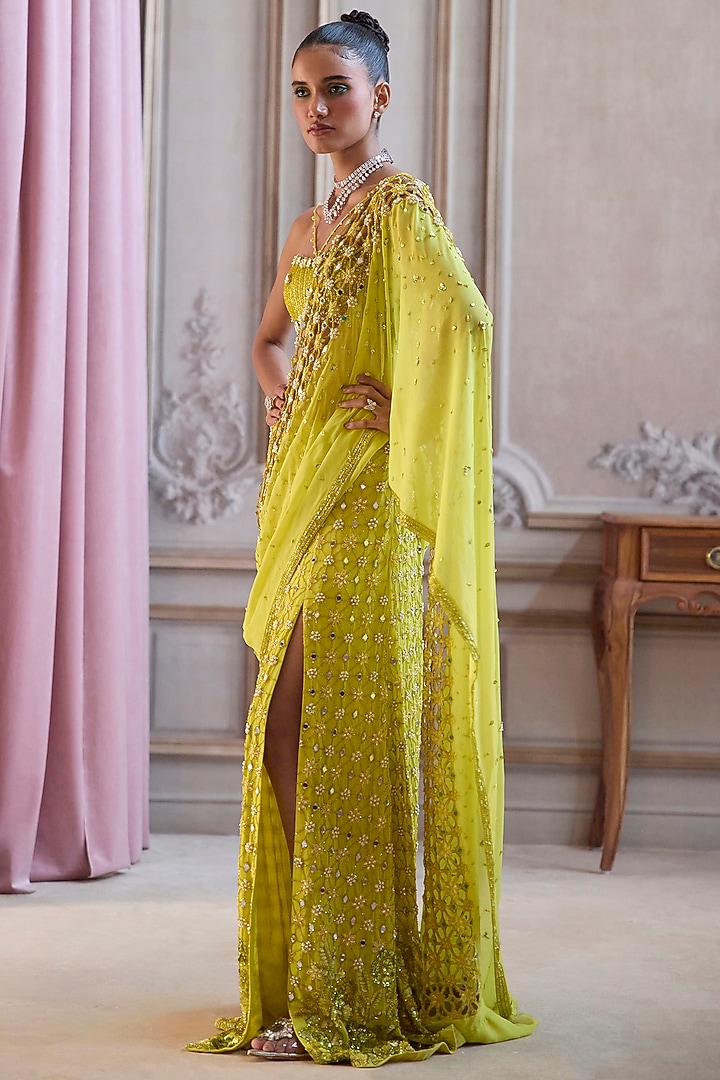 Neon Green Georgette Cutdana Embroidered Pre-Draped Reception Saree Set by Sanya Gulati at Pernia's Pop Up Shop