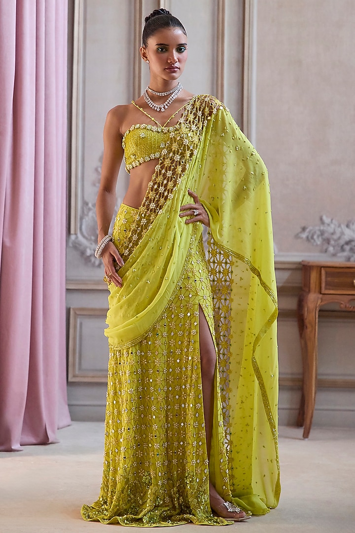 Neon Green Georgette Cutdana Embroidered Pre-Draped Reception Saree Set by Sanya Gulati at Pernia's Pop Up Shop