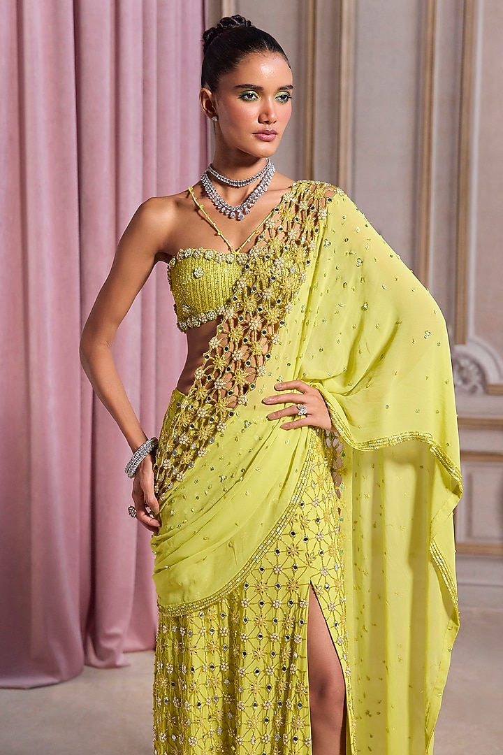Neon Green Georgette Cutdana Embroidered Pre-Draped Reception Saree Set by Sanya Gulati at Pernia's Pop Up Shop