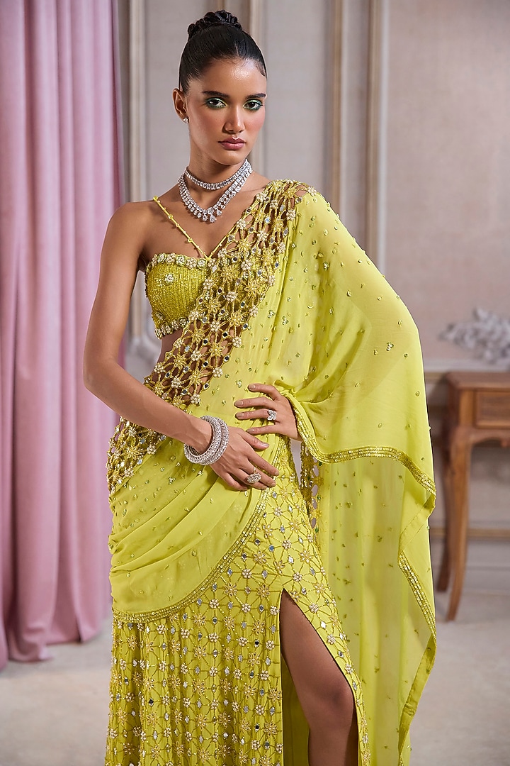 Neon Green Georgette Cutdana Embroidered Pre-Draped Reception Saree Set by Sanya Gulati at Pernia's Pop Up Shop