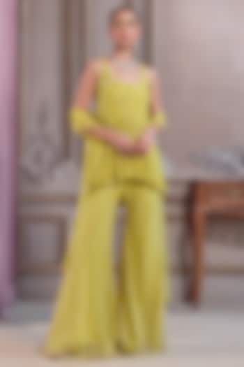 Neon Green Net Sequins & Cutdana Embroidered Kurta Set by Sanya Gulati at Pernia's Pop Up Shop